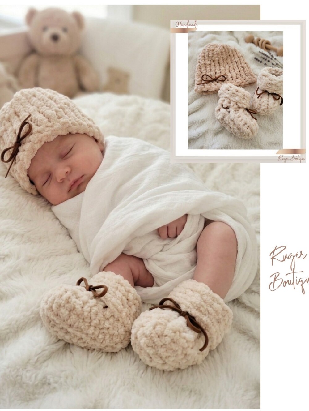Cream Knit Baby Hat with Brown Leather Ties – Cozy Newborn Beanie Gift-Boxed Set